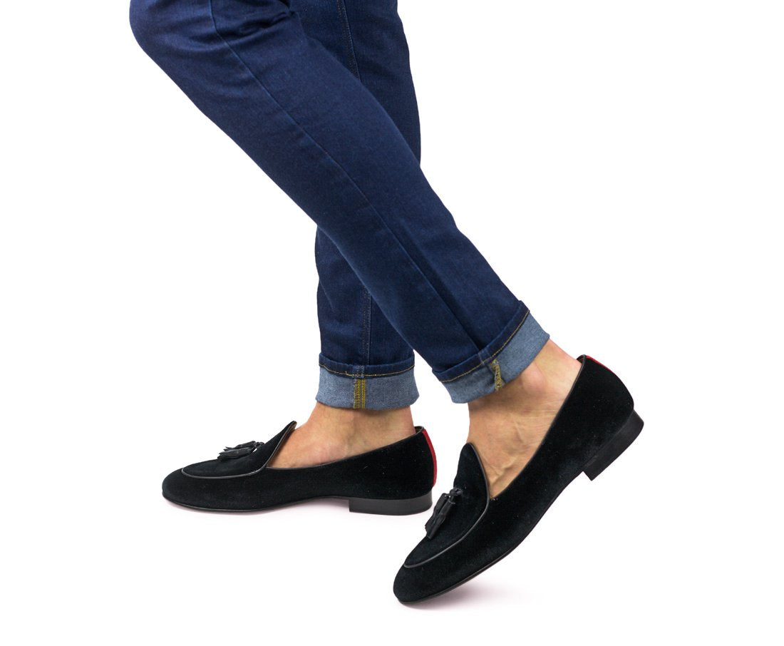 Men's Black Velvet Italian Loafer with Black Tassel