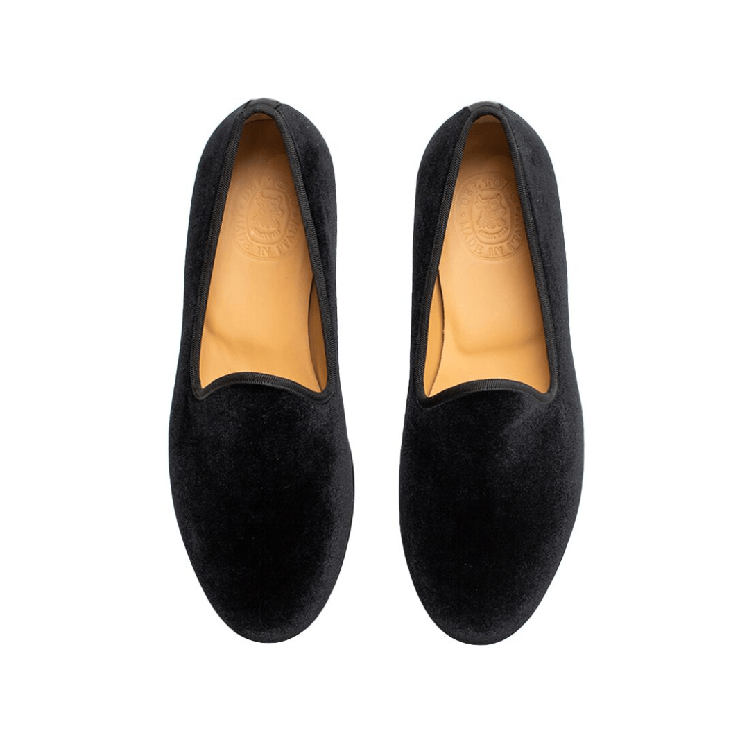 Men's Black Velvet Slipper II With Black Grosgrain Stripe