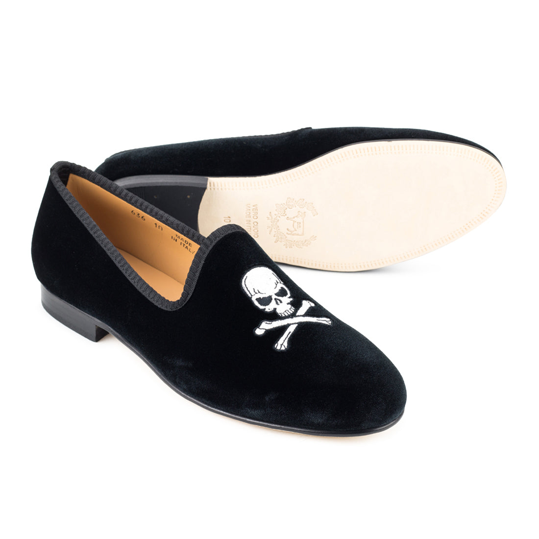 Men's Black Velvet Slipper with Skull & Bone
