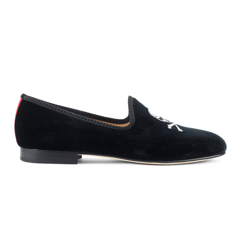 Men's Black Velvet Slipper with Skull & Bone