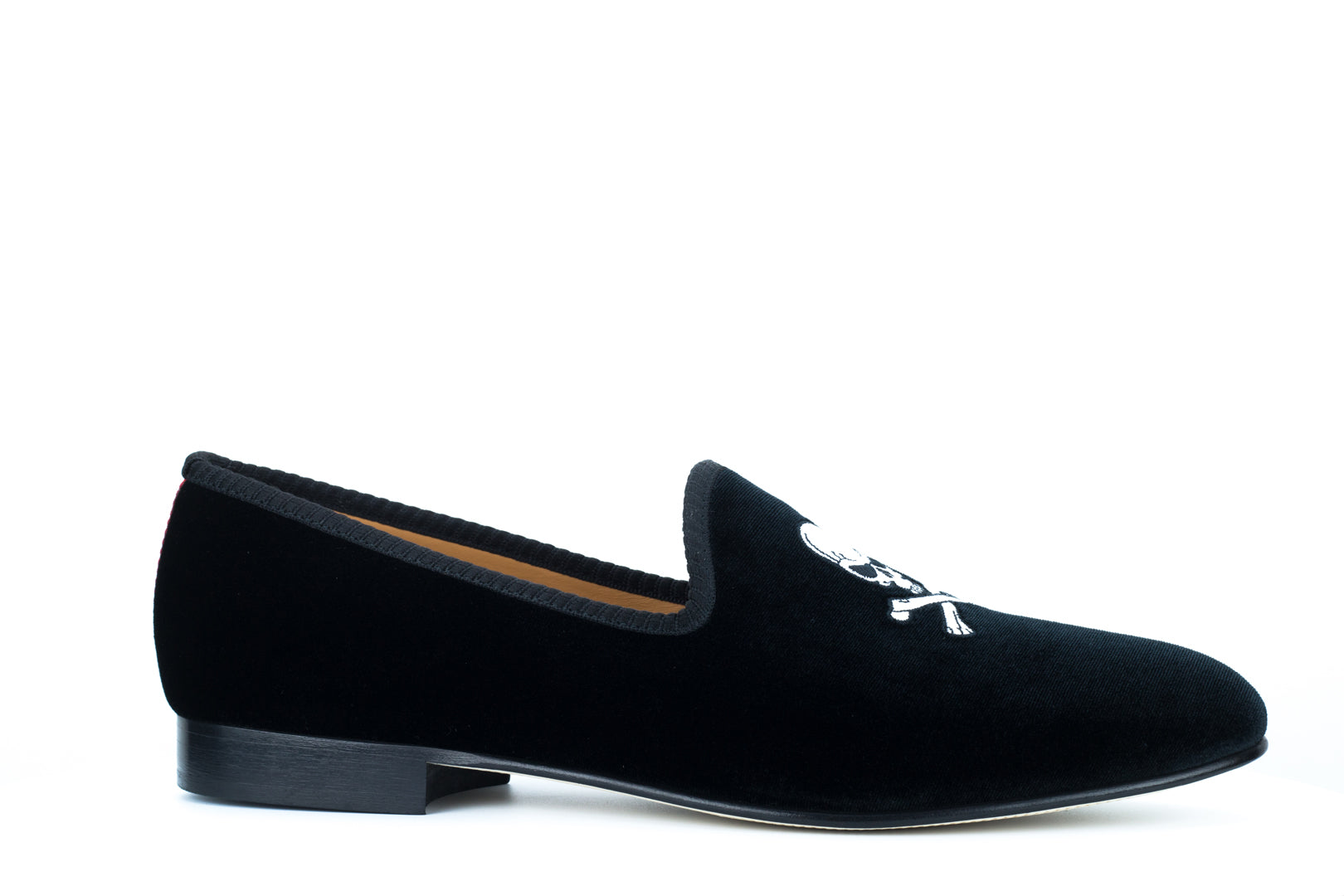Men's Black Velvet Slipper with Skull & Bone