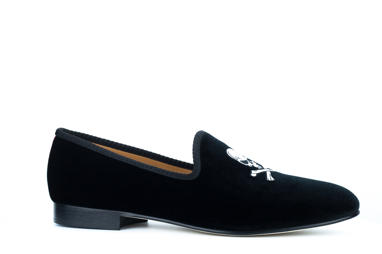 Men's Black Velvet Slipper with Skull & Bone