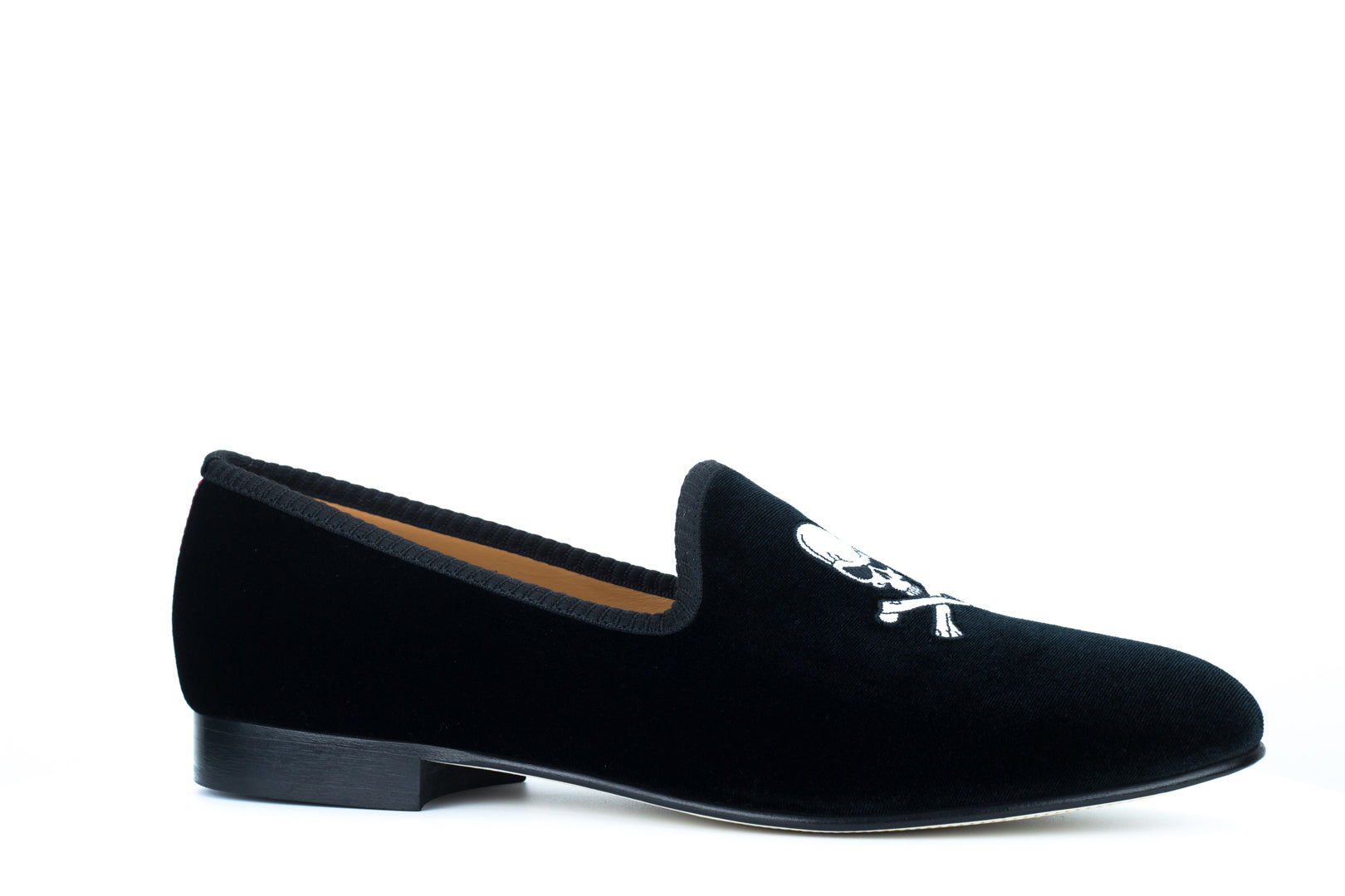 Men's Black Velvet Slipper with Skull & Bone