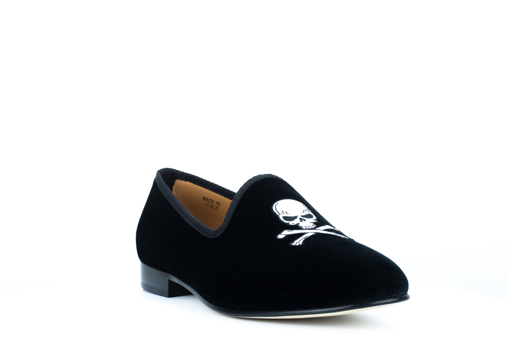 Men's Black Velvet Slipper with Skull & Bone