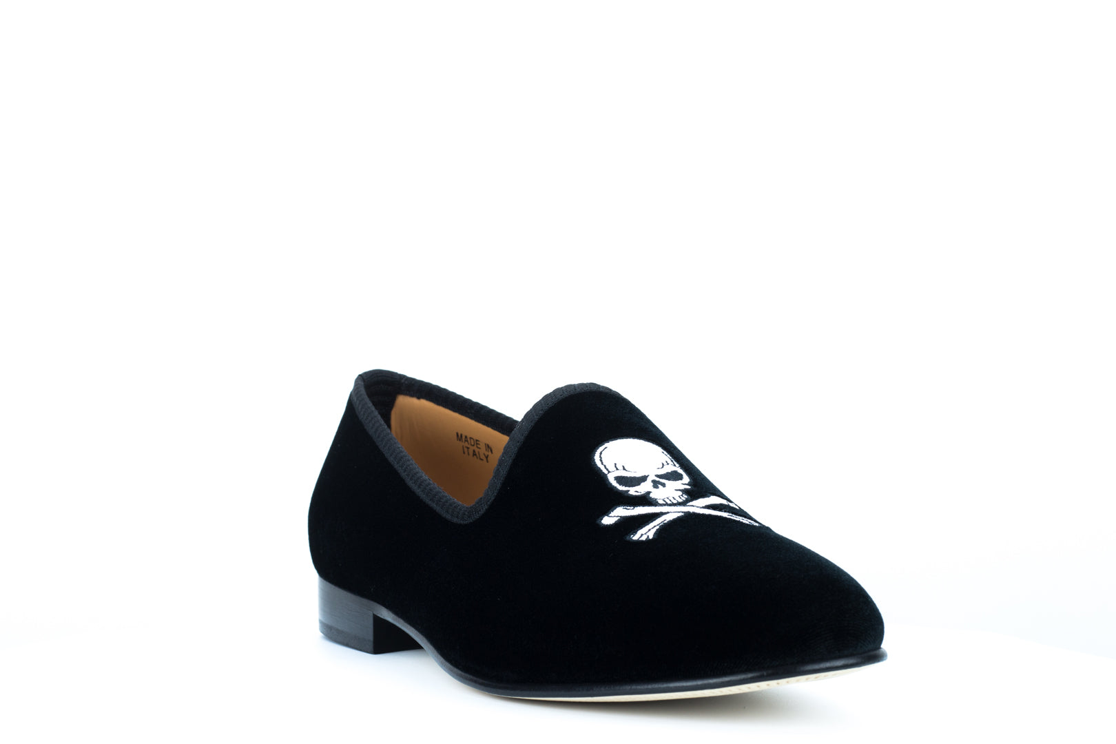 Men's Black Velvet Slipper with Skull & Bone