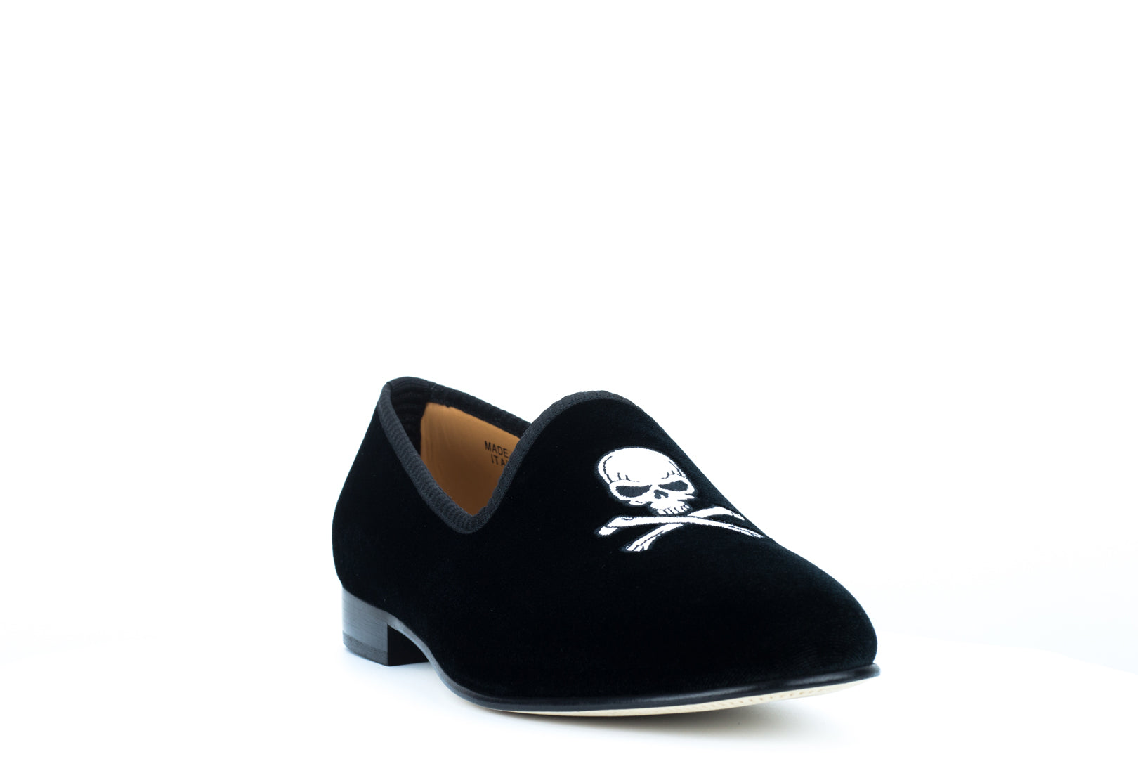 Men's Black Velvet Slipper with Skull & Bone