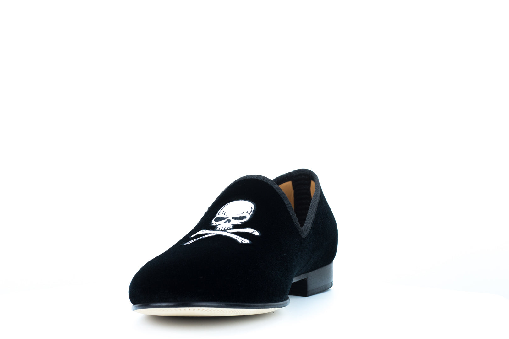 Men's Black Velvet Slipper with Skull & Bone