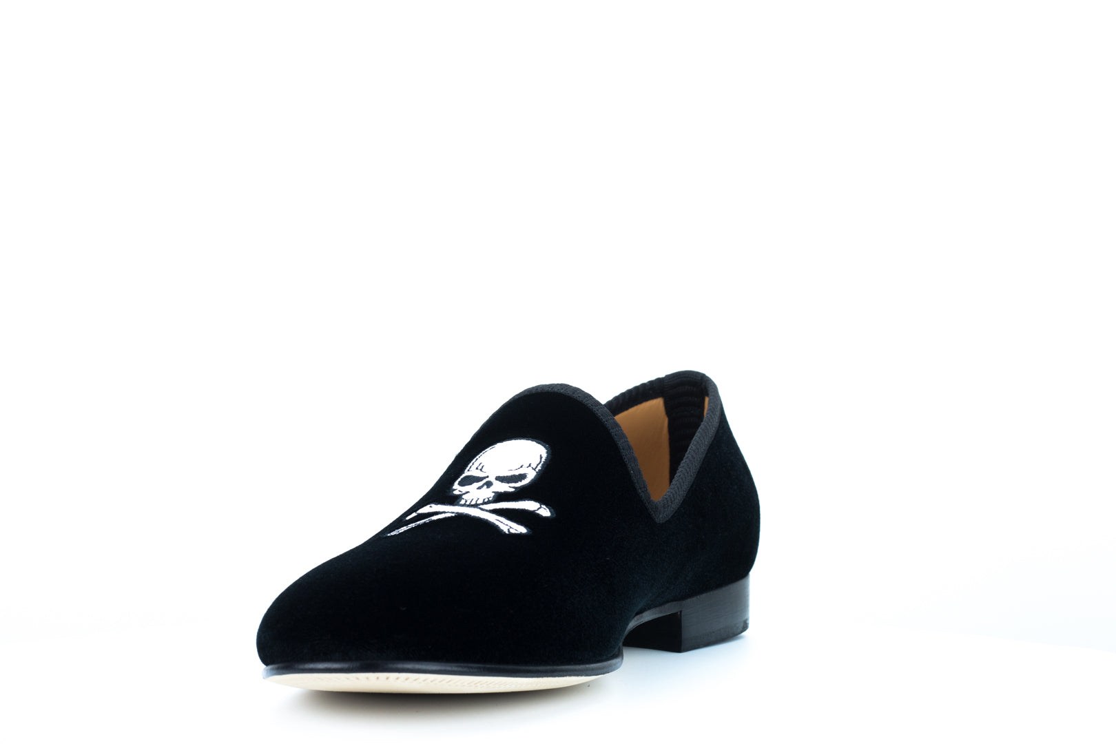 Men's Black Velvet Slipper with Skull & Bone