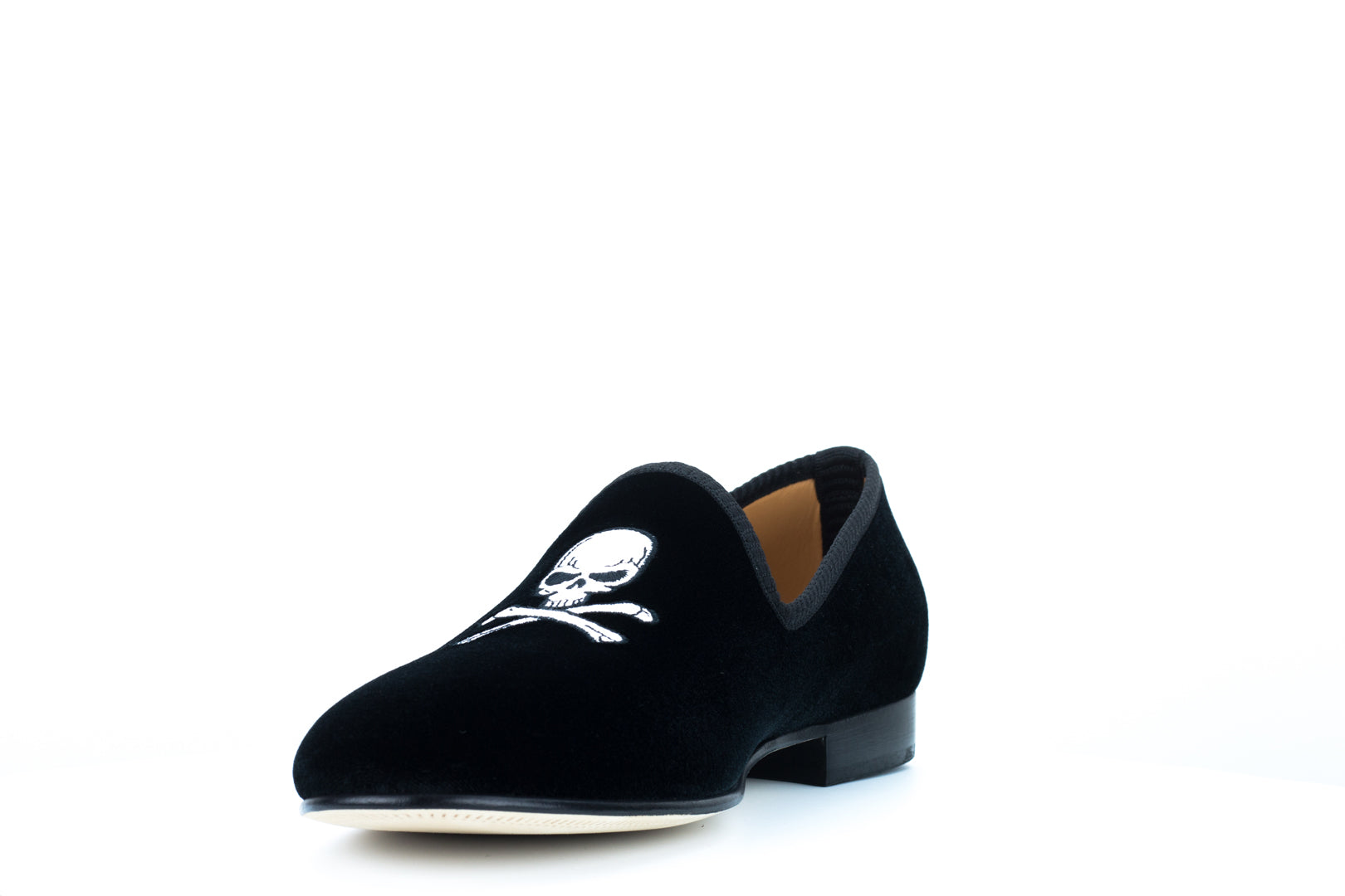 Men's Black Velvet Slipper with Skull & Bone