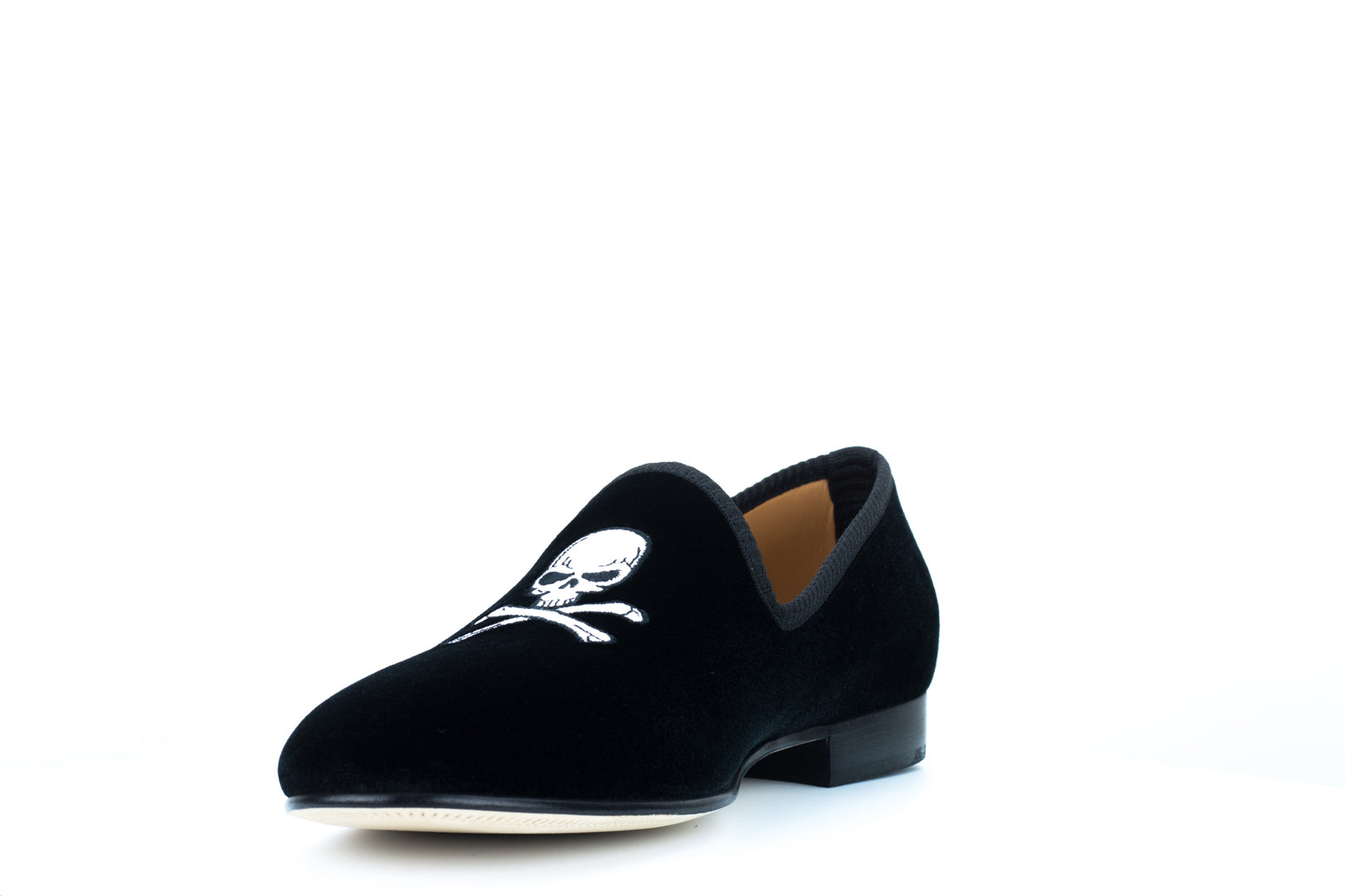 Men's Black Velvet Slipper with Skull & Bone
