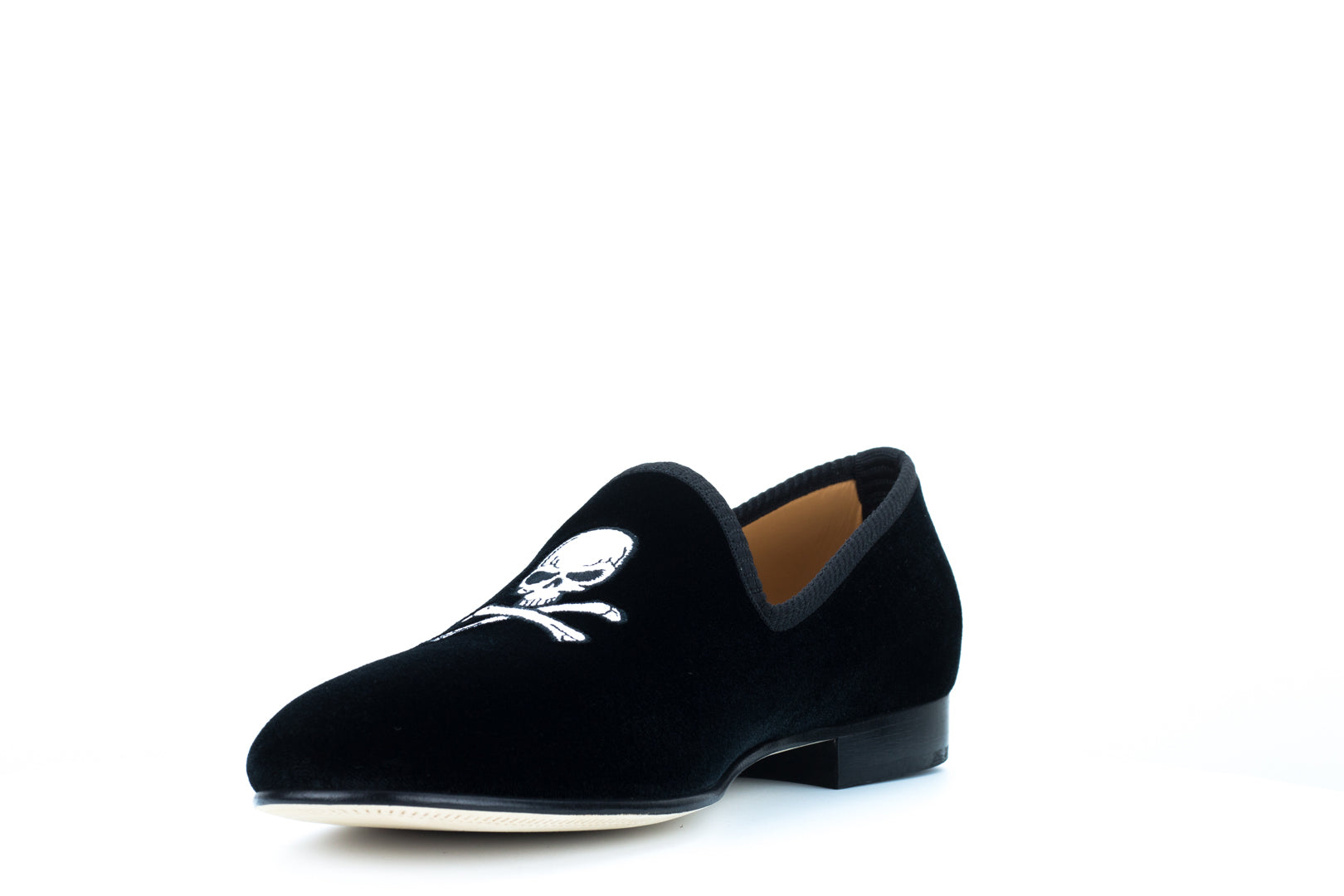 Men's Black Velvet Slipper with Skull & Bone
