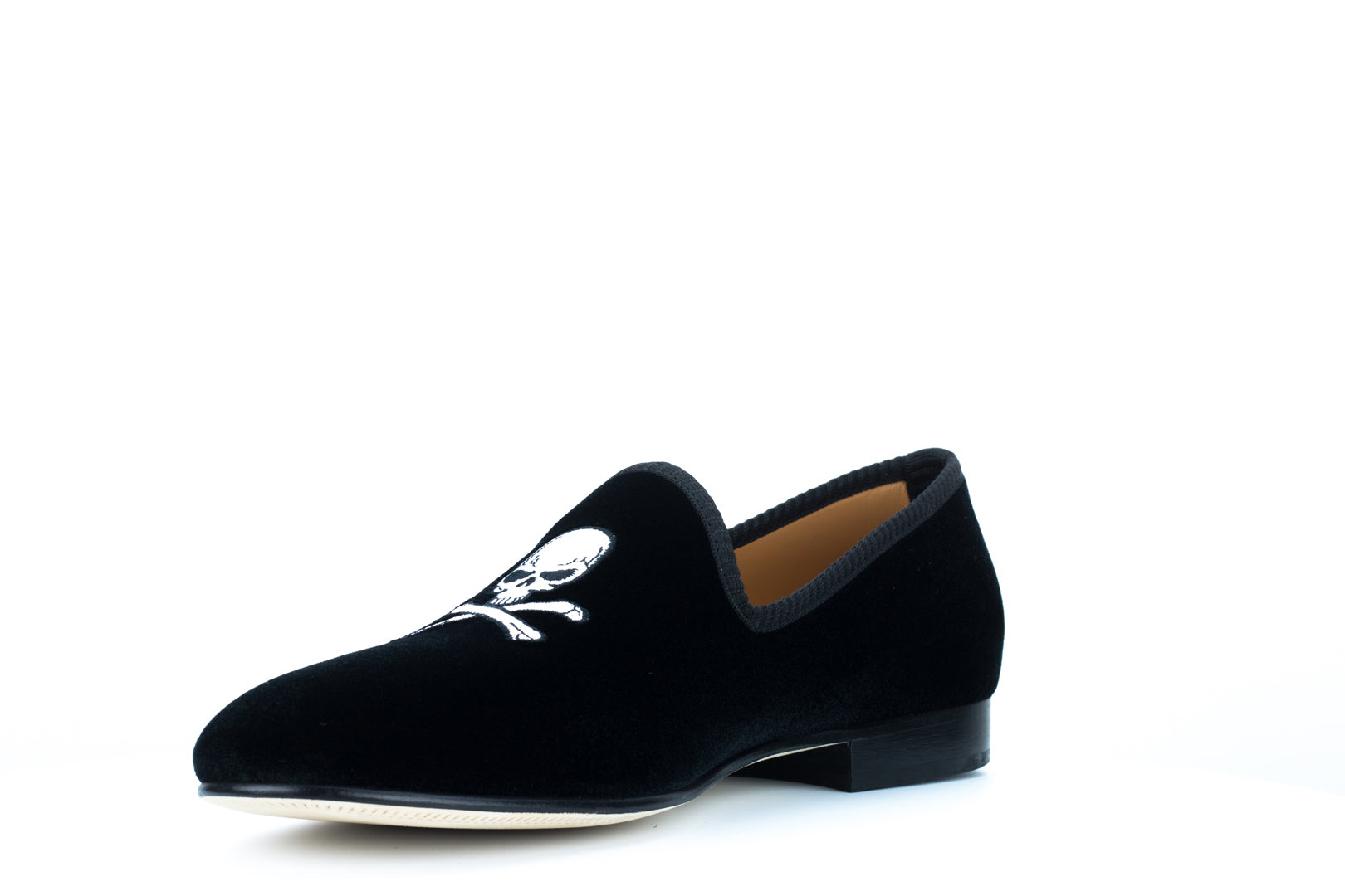 Men's Black Velvet Slipper with Skull & Bone
