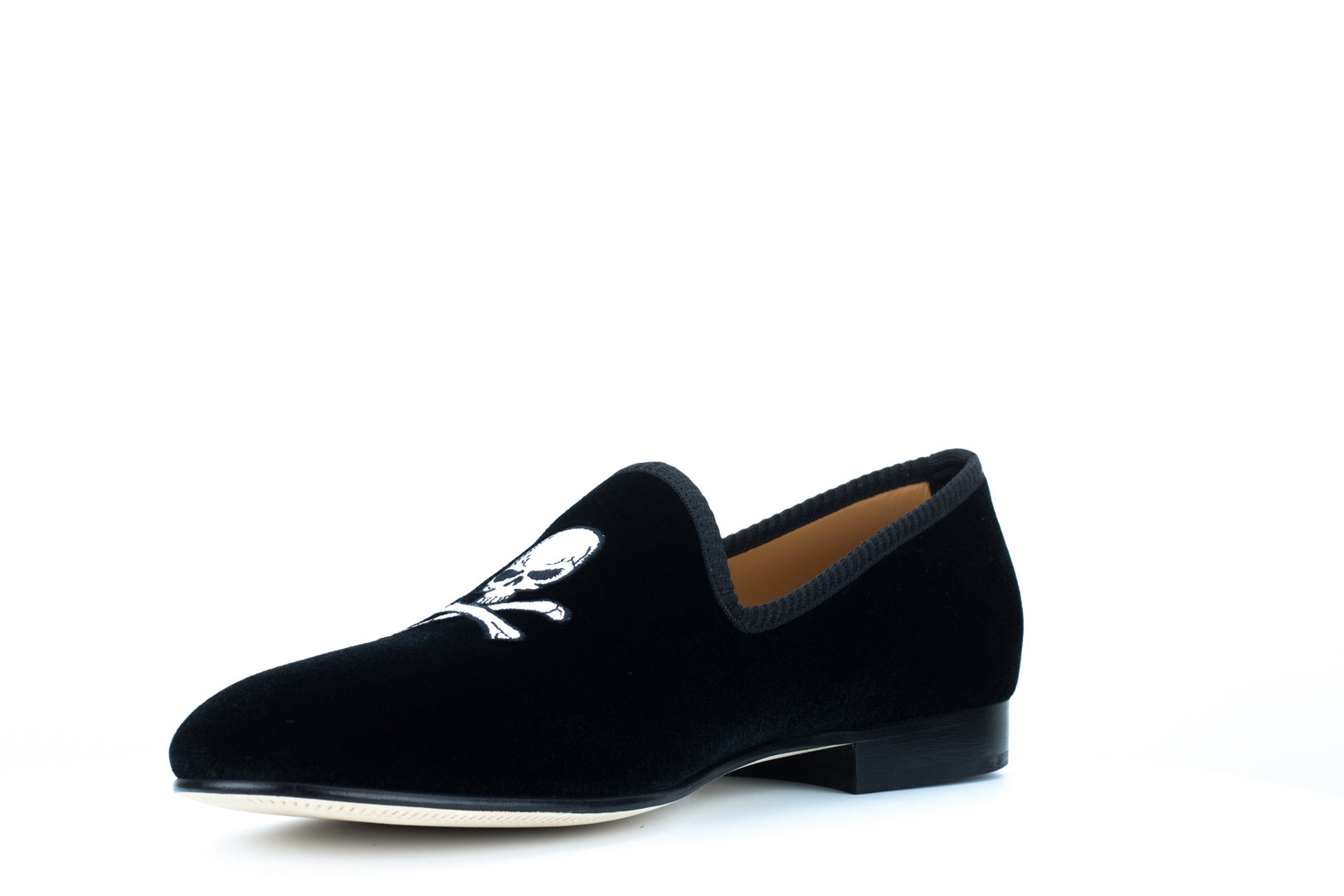 Men's Black Velvet Slipper with Skull & Bone