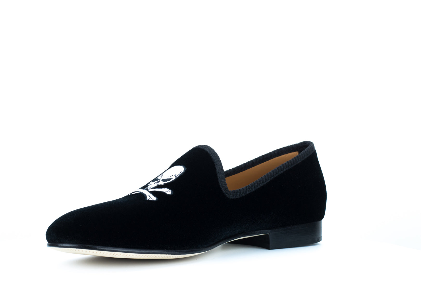 Men's Black Velvet Slipper with Skull & Bone