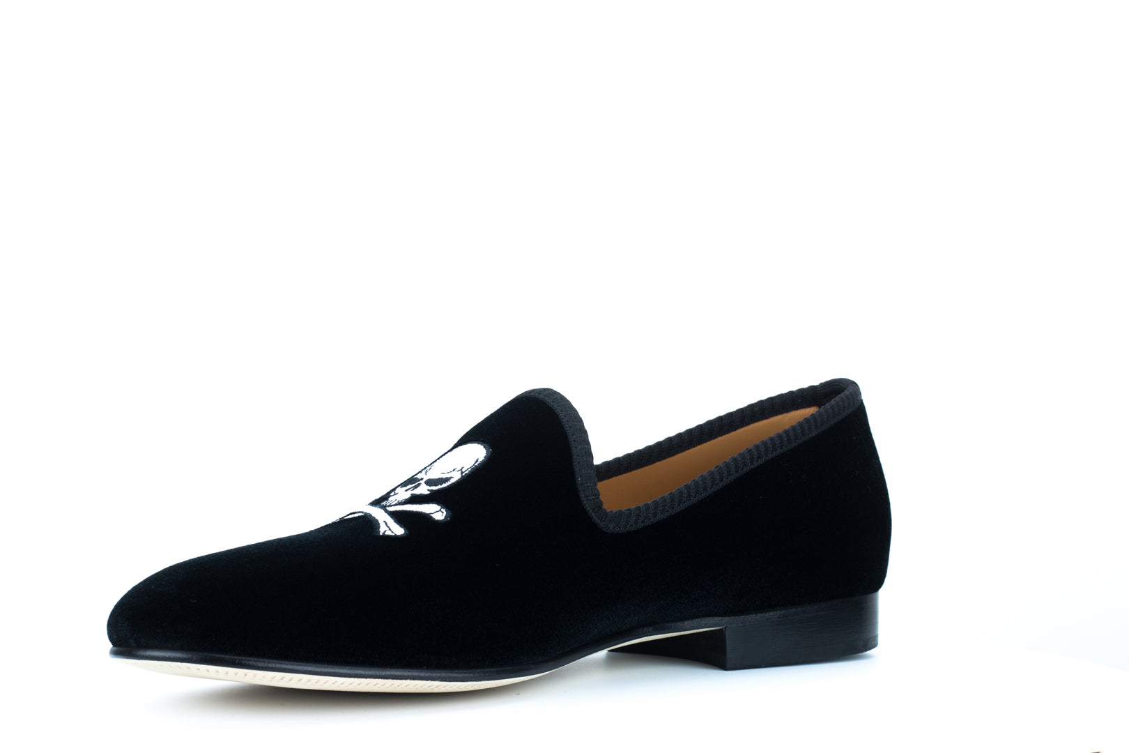 Men's Black Velvet Slipper with Skull & Bone