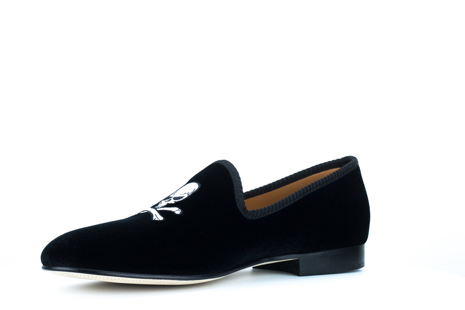 Men's Black Velvet Slipper with Skull & Bone