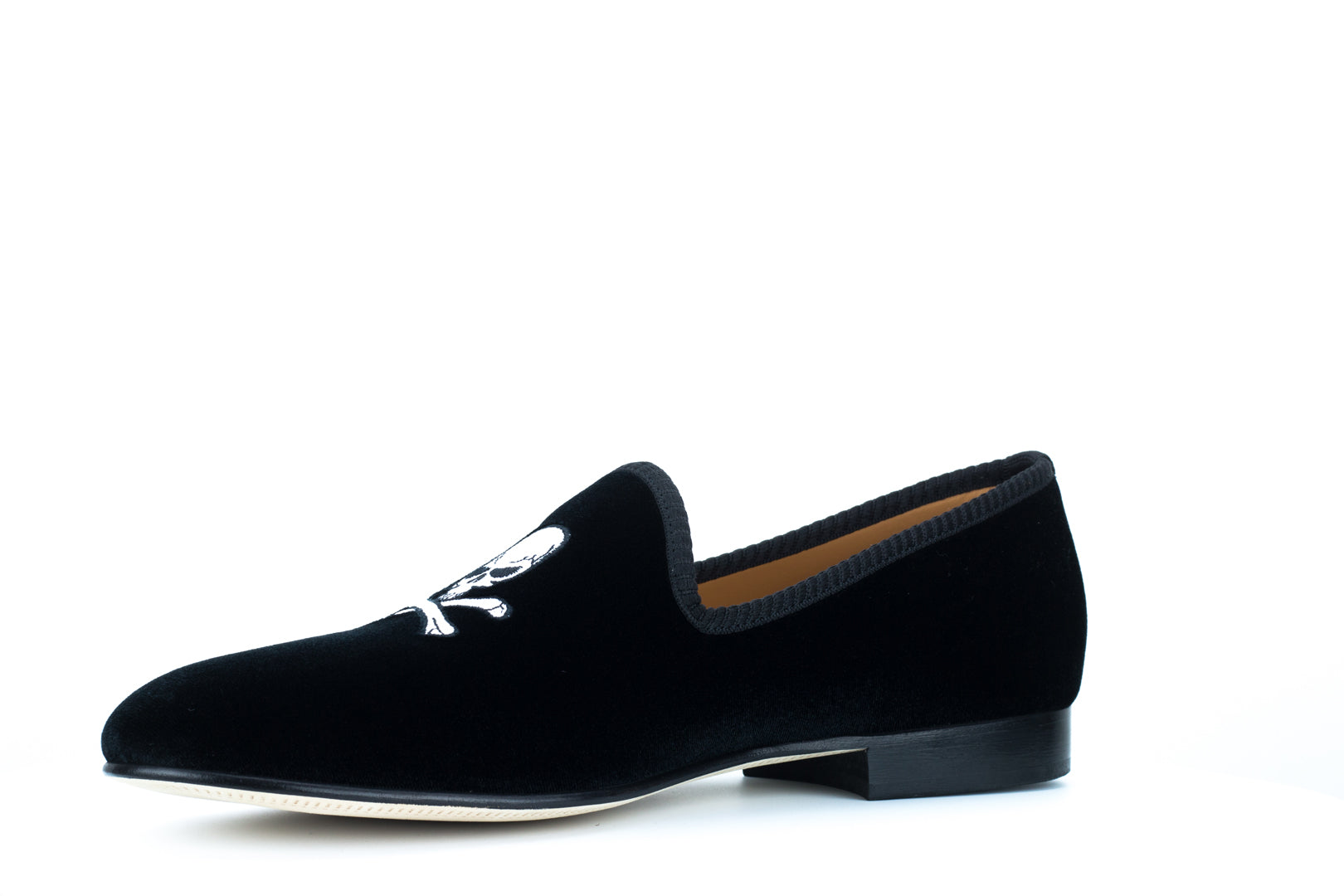Men's Black Velvet Slipper with Skull & Bone