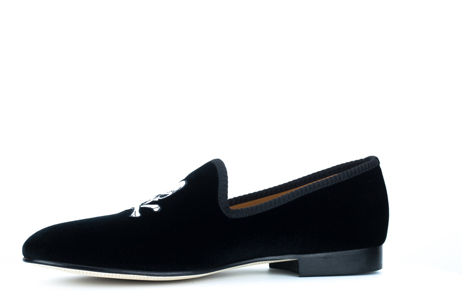 Men's Black Velvet Slipper with Skull & Bone