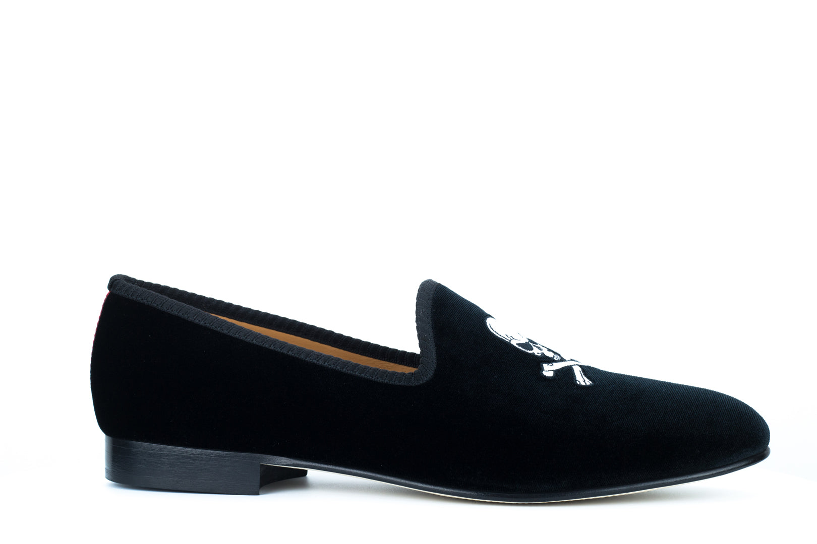 Men's Black Velvet Slipper with Skull & Bone