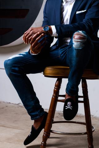 Men's Black Velvet Slipper with Skull & Bone