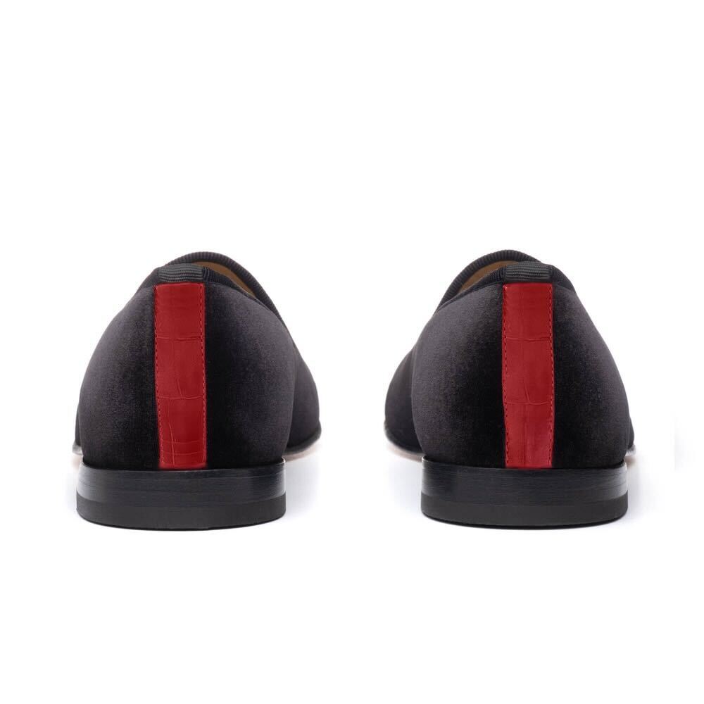 Men's Black Velvet Slipper II With Red Croc Effect Leather Stripe