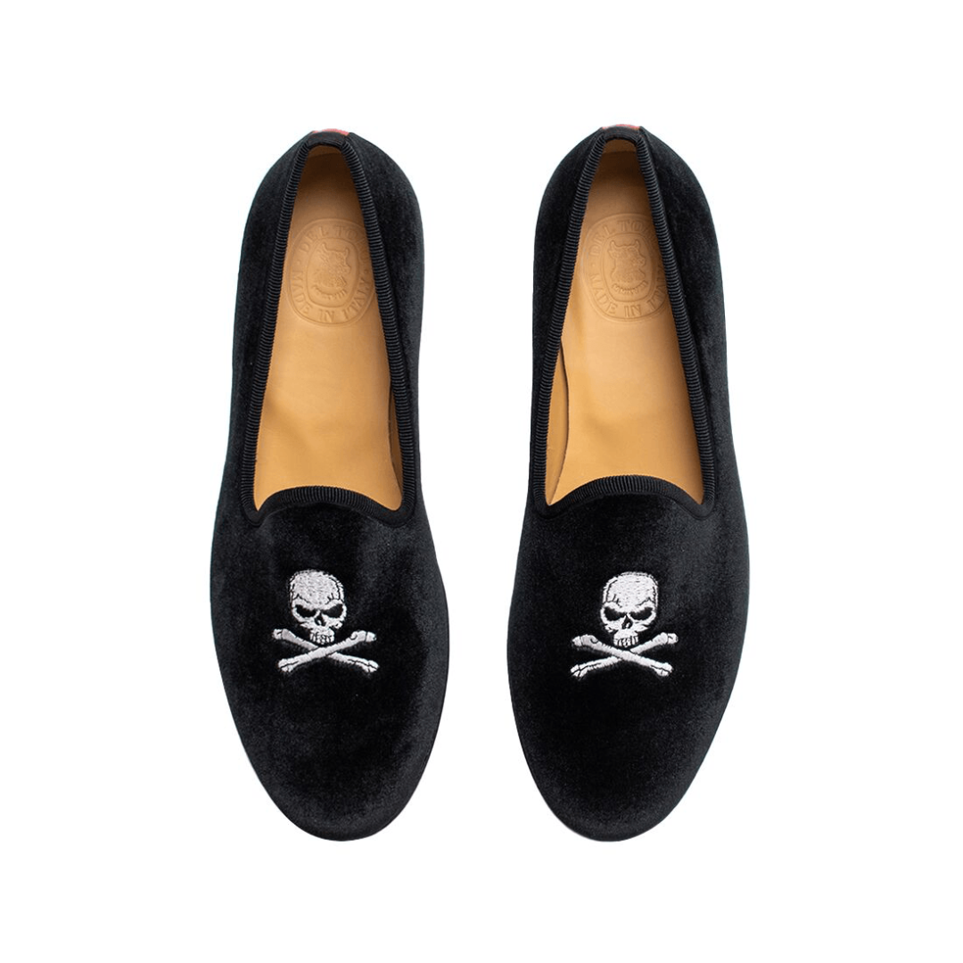 Men's Black Velvet Slipper II with Skull & Bone