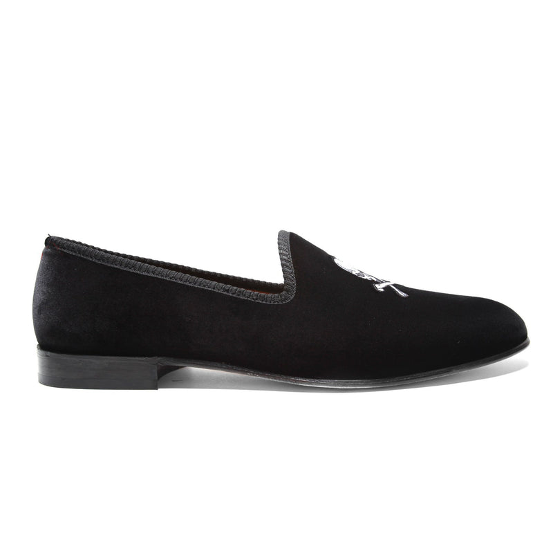 Women's Slippers - Women's Black Velvet Slipper With Skull & Bone