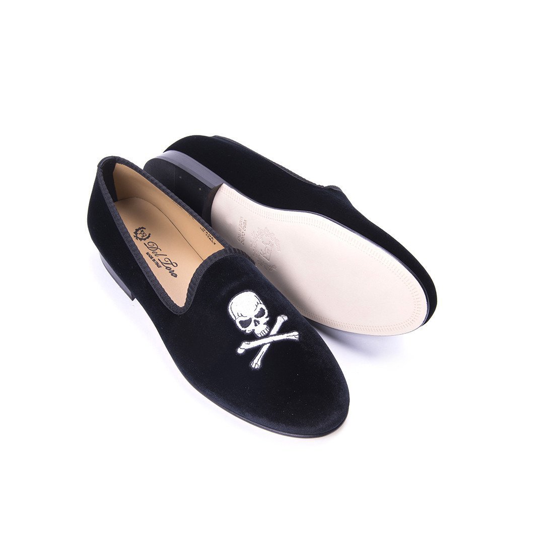 Women's Slippers - Women's Black Velvet Slipper With Skull & Bone