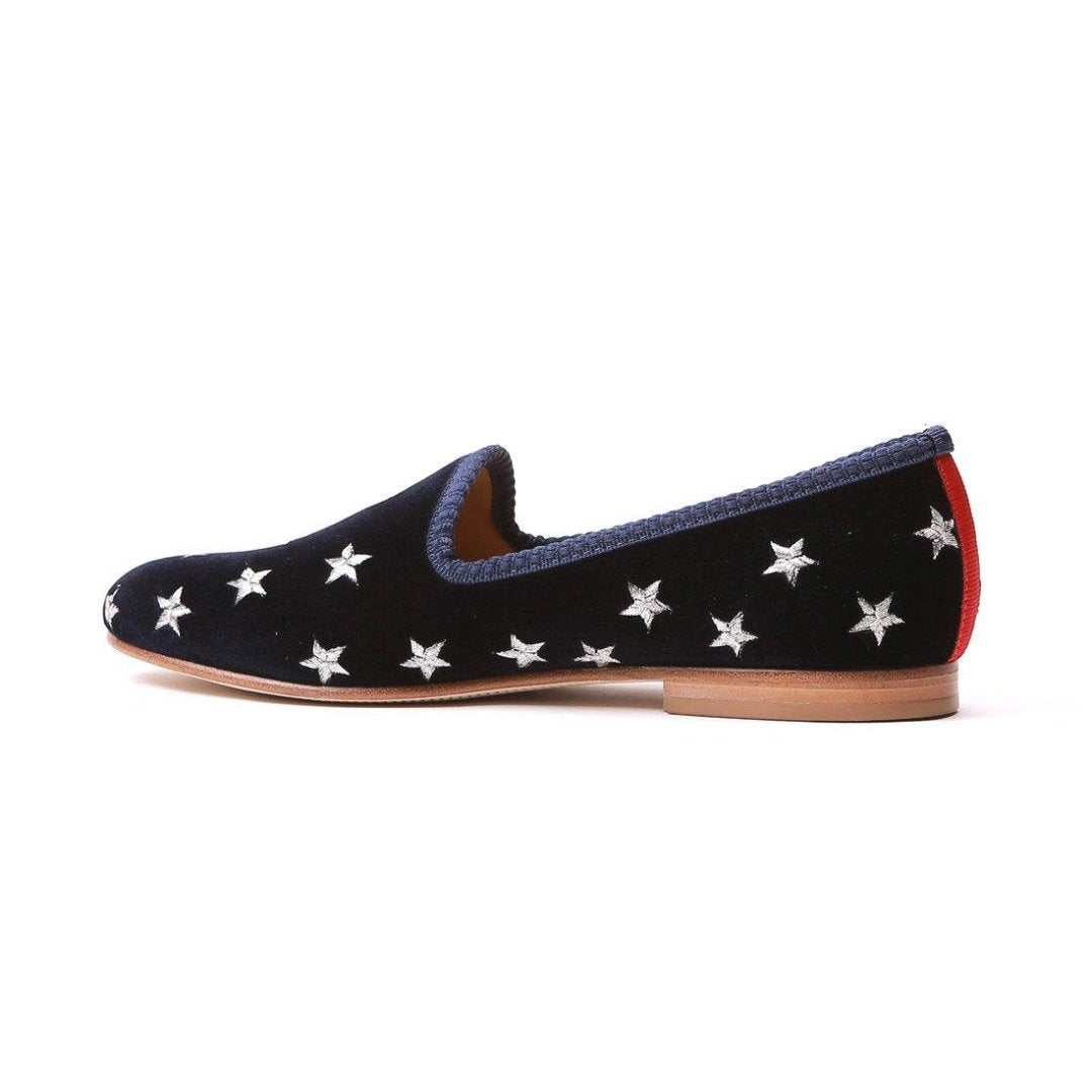 Women's Slippers - Women's Navy Velvet Gold & Silver Star Slipper