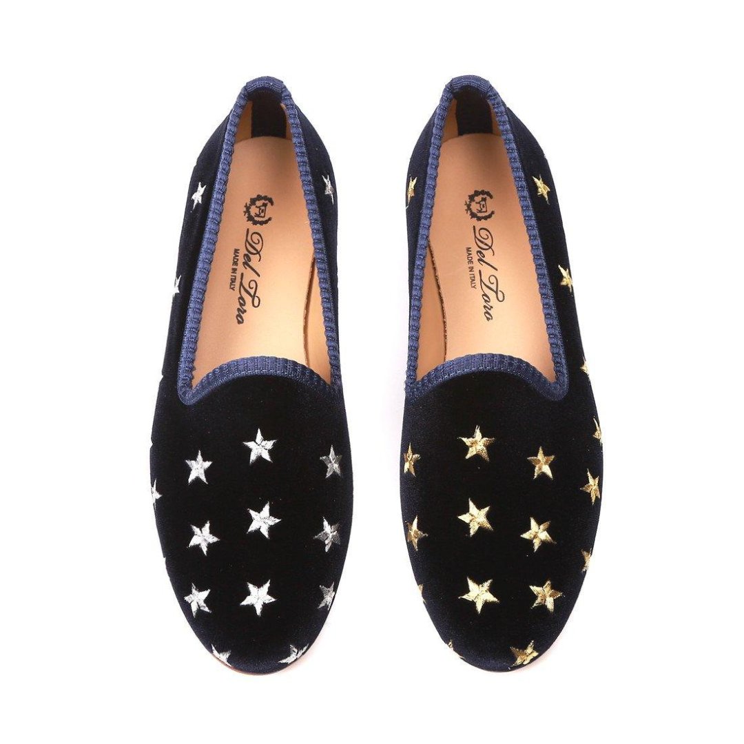 Women's Slippers - Women's Navy Velvet Gold & Silver Star Slipper